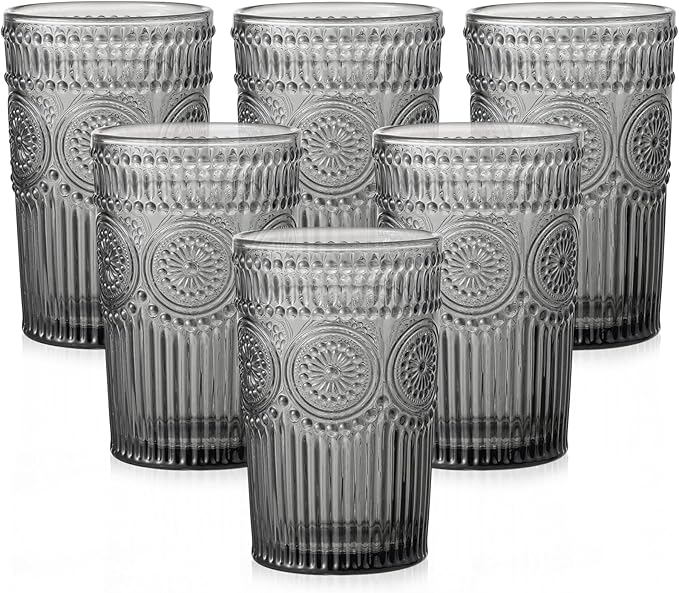ZMOWIPDL Vintage Glassware Drinking Glasses Set of 6,13 oz Grey Textured Flower Design Glass Water Tumblers，Embossed Striped Drinkware for Water,Cocktails,Juice,Iced Coffee