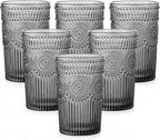 ZMOWIPDL Vintage Glassware Drinking Glasses Set of 6,13 oz Grey Textured Flower Design Glass Water Tumblers，Embossed Striped Drinkware for Water,Cocktails,Juice,Iced Coffee