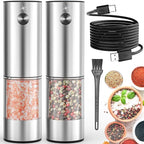 2Pack Electric Salt and Pepper Grinder Set USB Rechargeable with Warm LED Light, Adjustable Coarseness Lidaop Large Capacity Automatic Salt Pepper Mill Shakers for Kitchen, Sliver Set