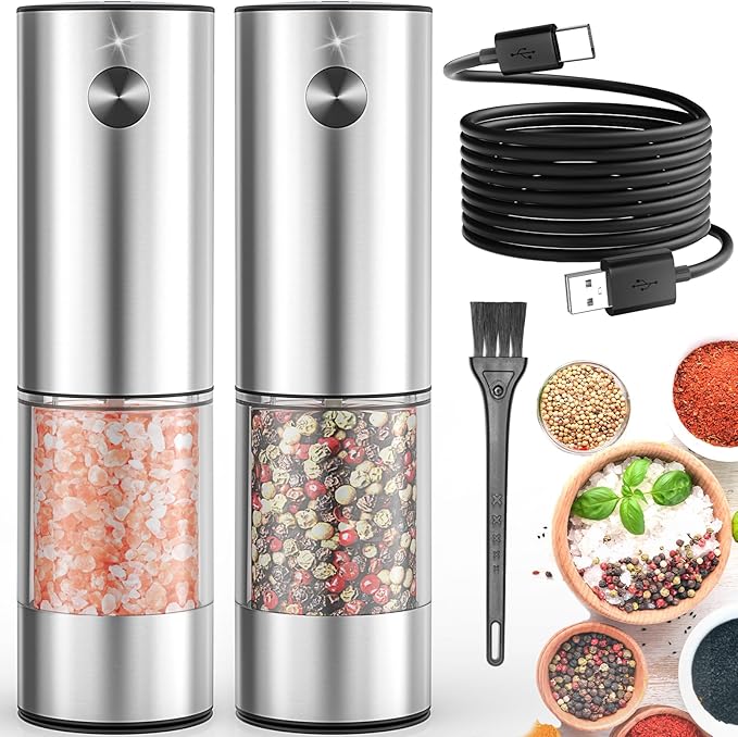2Pack Electric Salt and Pepper Grinder Set USB Rechargeable with Warm LED Light, Adjustable Coarseness Lidaop Large Capacity Automatic Salt Pepper Mill Shakers for Kitchen, Sliver Set