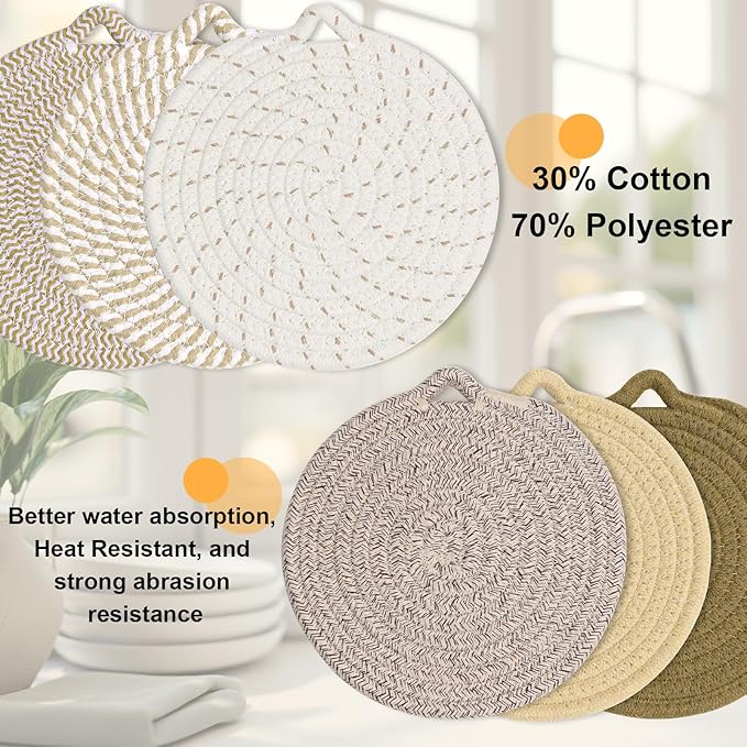 7" Trivets for Hot Dishes, 6 Pack Hot Pads for Kitchen Counter & Dining Table, Heat Resistant | Scratches | Stains Cotton Trivets for Hot Pots and Pans