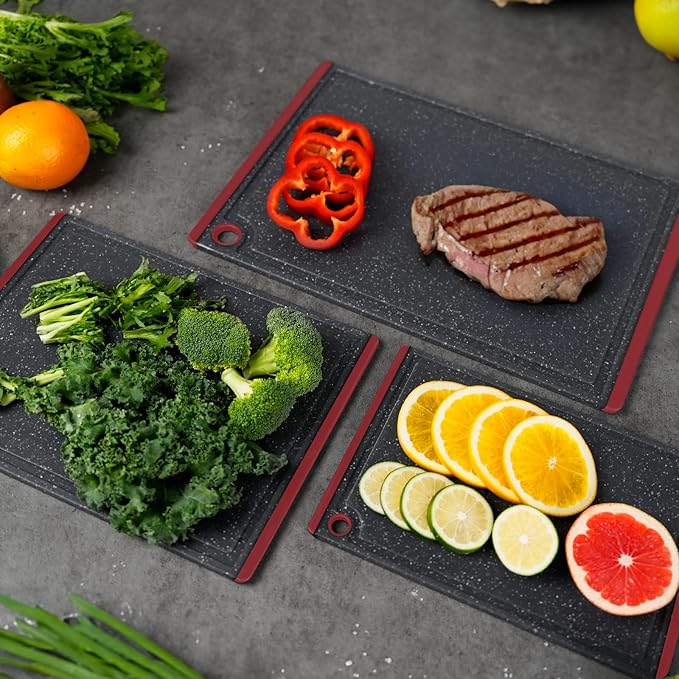 Kikcoin Plastic Cutting Boards for Kitchen, 3-Piece Large Cutting Board Set Dishwasher Safe Chopping Boards with Non-slip Feet and Juice Grooves, Red