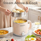 Dezin Hot Pot Electric with Steamer, Rapid Noodles Cooker, Stainless Steel Electric Pot 1.6 Liter, Perfect for Ramen, Egg, Dumpling, Soup, Oatmeal with Temperature Control and Keep Warm Function