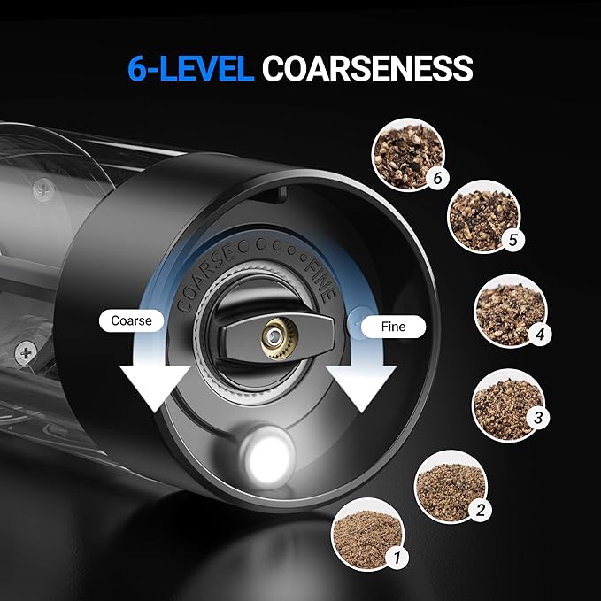 ThermoMaven Electric Salt and Pepper Grinder Set, 110ml Larger Rechargeable Automatic Salt and Pepper Mill Grinder with 6 Adjustable Coarseness, Electric Salt and Pepper Shakers, LED, 2 Packs, Black