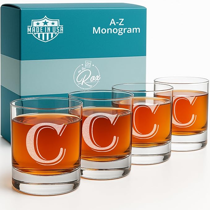 On The Rox (C-Monogram) - 4 Piece Set of 11 Ounce Engraved Heavy Base Rocks Glasses Elegant Glass-Multi-Purpose Beverage-Rocks Glass- Gift for any Occasion Drinks