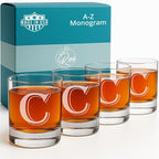 On The Rox (C-Monogram) - 4 Piece Set of 11 Ounce Engraved Heavy Base Rocks Glasses Elegant Glass-Multi-Purpose Beverage-Rocks Glass- Gift for any Occasion Drinks