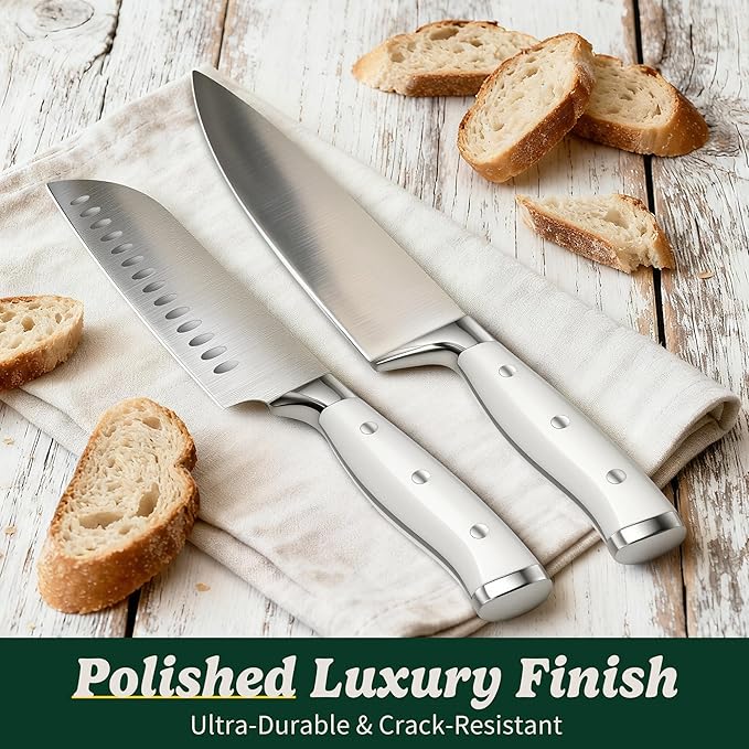 Knife Set, 15 Piece Premium Chef High Carbon Stainless Steel Kitchen Knife Block Set, Razor-sharp, Ergonomic Forged Triple Rivet Handle, Professional Knife Set for Kitchen, Dishwasher Safe(White)