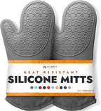 BPA-Free Soft Silicone Oven Mitts - Ultra Heat Resistant Oven Mitts with Thick Cotton Liner - Long Slip Resistant Pot Holders, Flexible Oven Gloves - Gray 13.7"