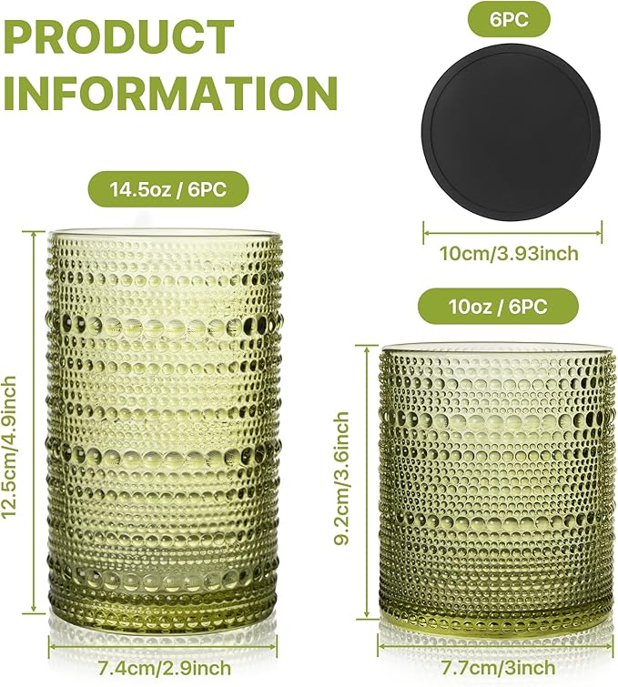 Hobnail Drinking Glasses Set of 12 Count, Vintage Glassware, Old Fashioned Glasses, 6 Highball Bubble Drinking Cups 14.5 oz, 6 Rocks Cups 10 oz with 6 Silicone Coasters, Green