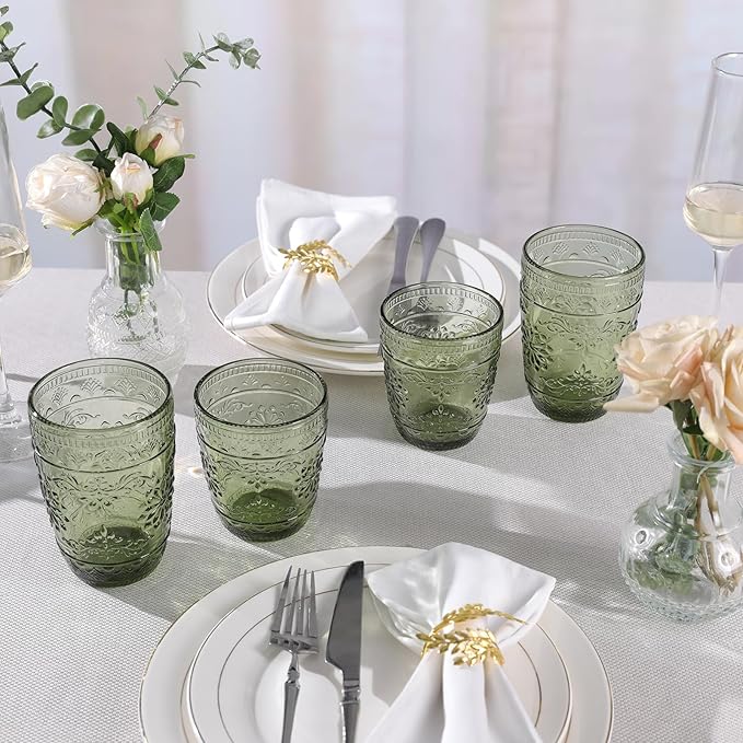abrwyy 6Pcs 14OZ Drinking Glasses, Green Drinking Glasses, Colored Glassware Drinking, Highball Beverage Glasses Cup, Vintage Glassware Set for Water, Juice, Cocktail, Coffee
