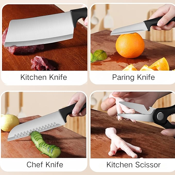 Small Knife Block Set, Modern Kitchen Knife Scissors with Universal Round Holder, Home Apartment New Kitchen Essentials, Space Saving, Dishwasher Safe(Black, 5PCS)