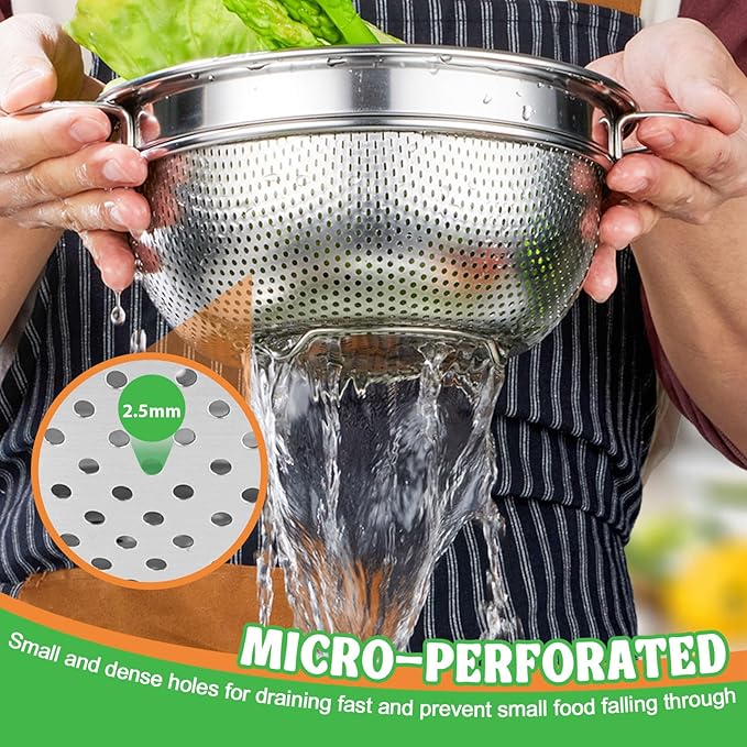 P&P CHEF Colander Strainer Stainless Steel 3 Quart, Metal Micro-Perforated Colander for Kitchen Food, Ideal for Rinsing Washing Draining, Dishwasher Safe, Shiny Silver, 2PCS