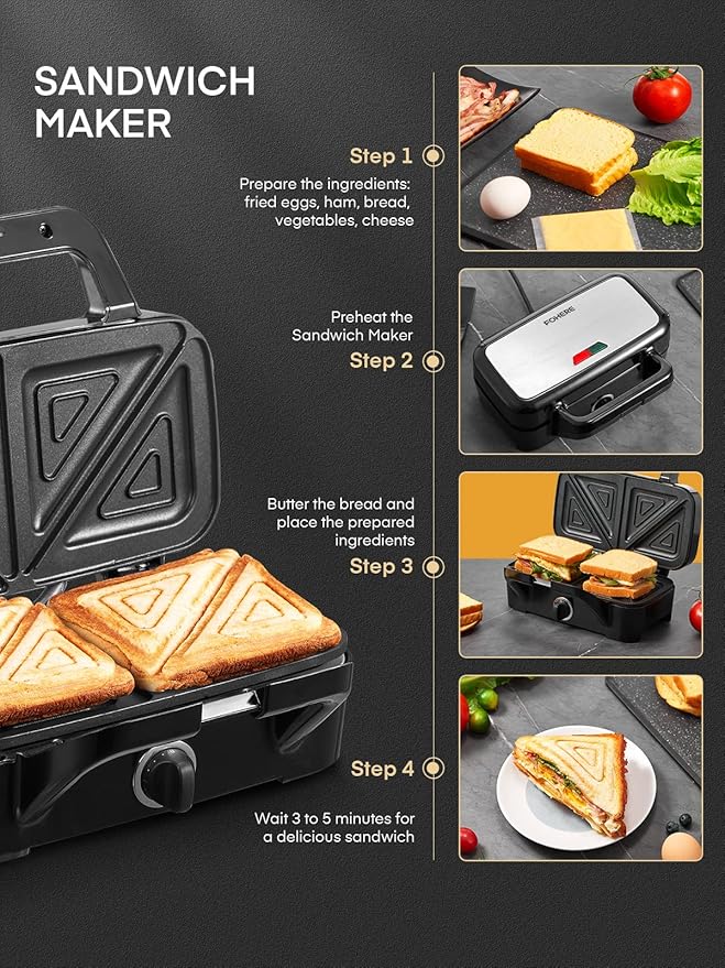 FOHERE Sandwich Maker 3 In 1 Waffle Maker With Removable Plates,1200W Grilled Cheese Maker, 5-gear Temperature Control, Non-stick Coating Easy to Clean, Indicator Lights, Silver/Black