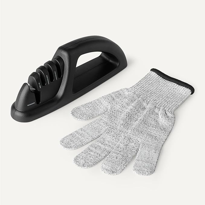 Amazon Basics 4-in-1 Knife Sharpener with Non-Slip Base, Includes Safety Glove