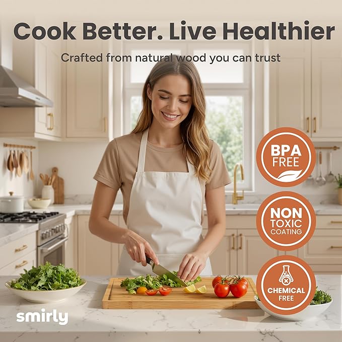 SMIRLY Wooden Cutting Boards For Kitchen Meal Prep & Serving - Bamboo Cutting Board Set with Holder, Charcuterie & Chopping Board, Wood Cutting Board Set, Kitchen Gadgets