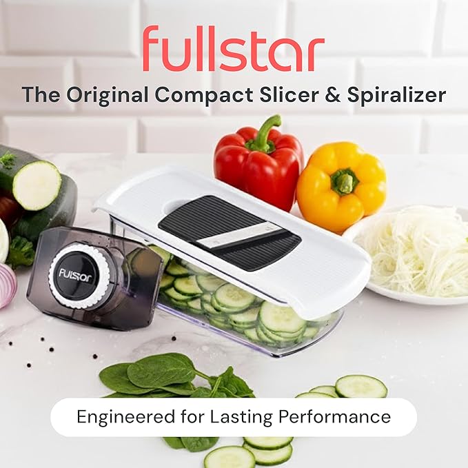 Fullstar Mandoline Slicer for Kitchen, Fruit Cutter, Cheese Grater, Cucumber Slicer, Veggie Spiralizer, Food Cutter & Kitchen Gadgets & Gifts with Safety Glove (6 in 1, White)