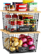 2 Set XXL Stackable Wire Basket with Bamboo Tops & Tag- Pantry Organizer and Storage Bins, Kitchen Counter Cabinet Shelf Countertop Under Sink Organizing, Food Snack Produce Onion Potato Bread Storage