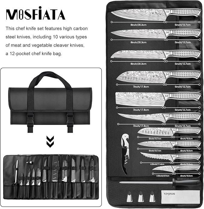 MOSFiATA Kitchen Knife Set, 17 Pcs Japanese Stainless Steel Knife Sets for Kitchen with Oxford cloth storage bag with Knife Sharpening Rod, Dishwasher Safe, For Outdoor