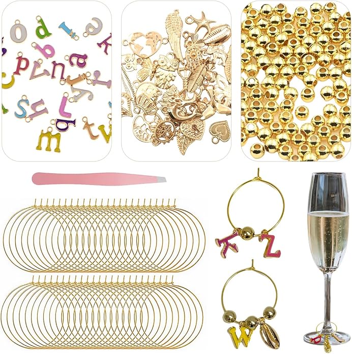 50 Sets Wine Glass Charms, Wine Charms for Stem Glasses, DIY Reusable Drink Markers for Weddings & Bachelorette with Alphabet Beads