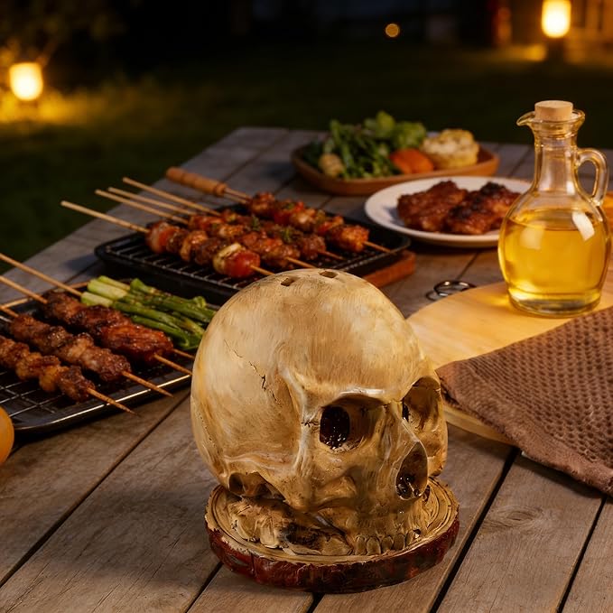 Life Size Skull Knife Block Holder - Hand Painted Resin Skull with 6 Slots for Kitchen Knives & Fruit, Horror Goth Kitchen Decor, Scary Party Display and Countertop Storage