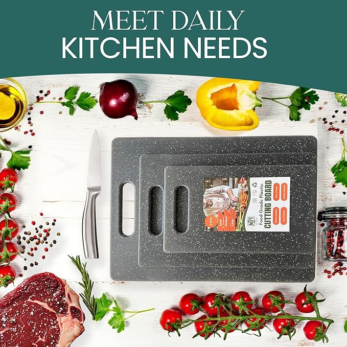 Cutting Board Set – 3-Piece Plastic Cutting Boards for Kitchen, Non-Slip with Juice Grooves – Dishwasher Safe Small, Large & XL Cutting Boards – Black Chopping Board Set