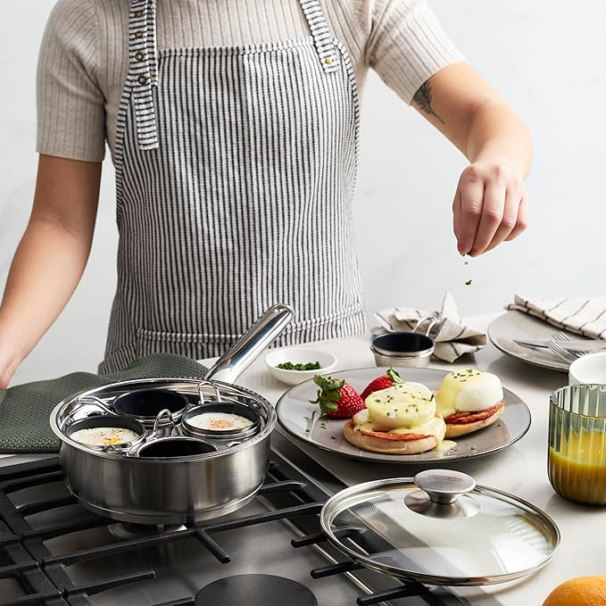 Demeyere Resto 18/10 Stainless Steel Stovetop Egg Poacher Set, 4 Removable Cups, Induction Compatible, Dishwasher Safe (Ceramic, Stainless)