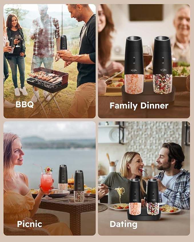 Sangcon Gravity Electric Salt and Pepper Grinder Set RECHARGEABLE, Automatic Salt Pepper Shakers with Charging Base - LED Light One Hand Operation, External Adjustable Coarseness Pepper Mill