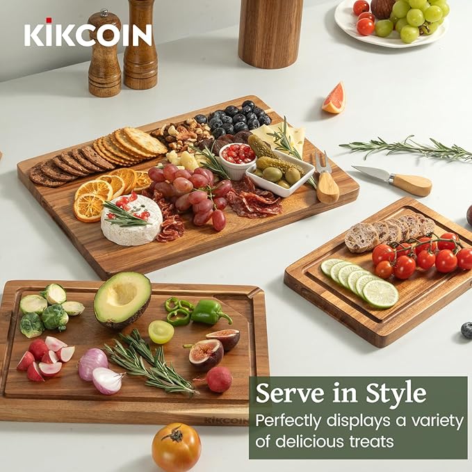 Kikcoin Wood Cutting Boards for Kitchen, 3 PCS Wooden Cutting Board Set with Holder, Chopping Board with Built-In Compartments and Juice Groove, Solid Charcuterie Board Serving Tray Wood Butcher Block