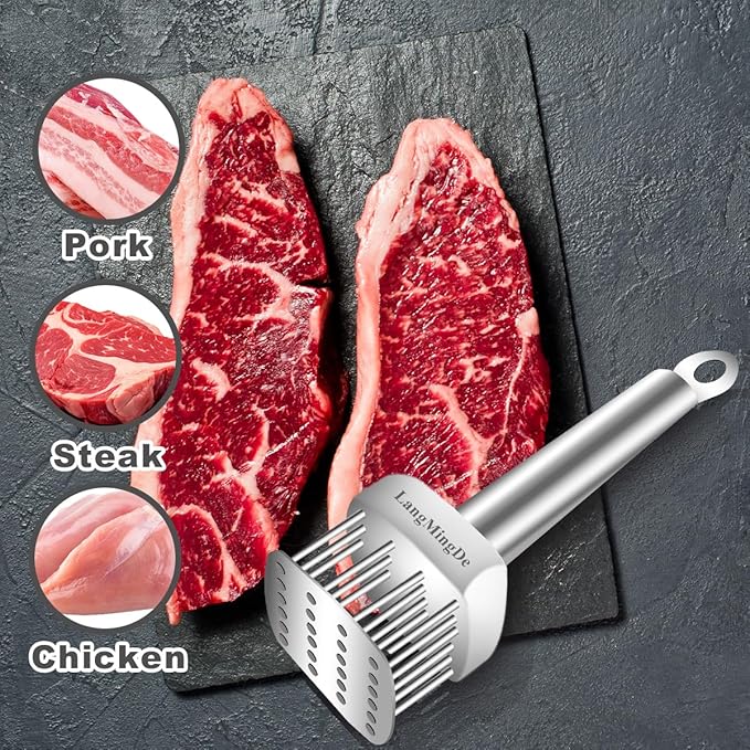 LANGMINGDE 18/10 Stainless Steel Meat Tenderizer Tool, 24 Sharp Needles for Tenderizing Steak Chicken Pork Veal Barbecue Marinating
