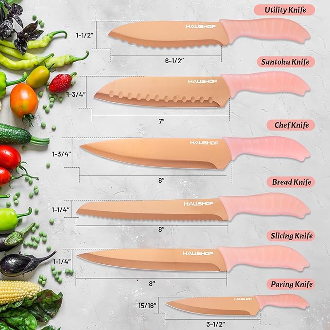 HAUSHOF Kitchen Knife Set, 12-Piece Pink Knife Set with 6 Blade Guards, Non-Stick Coated Stainless Steel Blades for Slicing, Dicing&Cutting, Gifts Knife Set for Dad, Mom, Husband and Wife