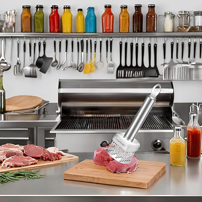 LANGMINGDE 18/10 Stainless Steel Meat Tenderizer Tool, 24 Sharp Needles for Tenderizing Steak Chicken Pork Veal Barbecue Marinating