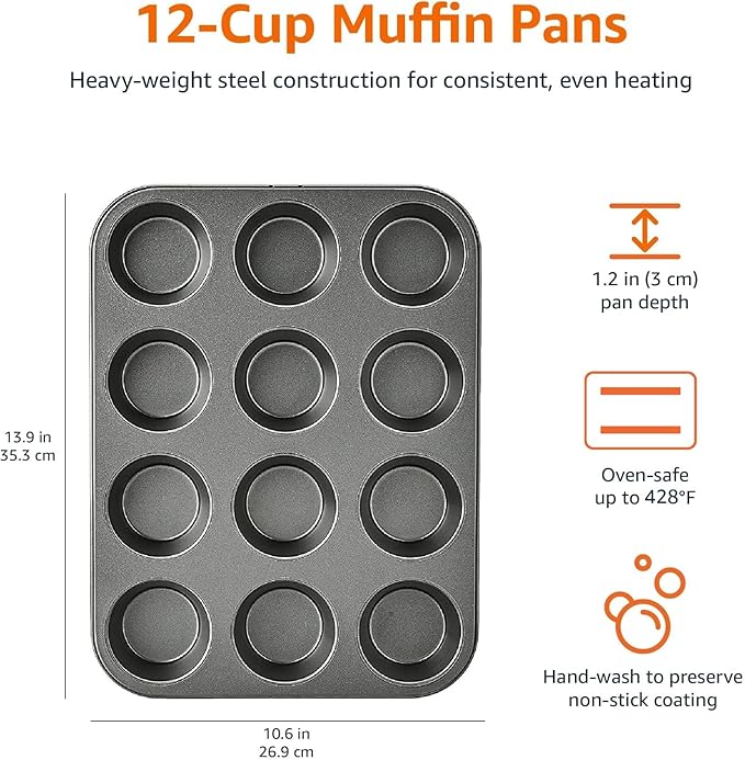 Amazon Basics Nonstick Muffin Pan, Set of 2, Sturdy, Oven Safe, Bakes Evenly, Easy to Clean, 12 Cups, Gray, 13.9x10.55x1.22"