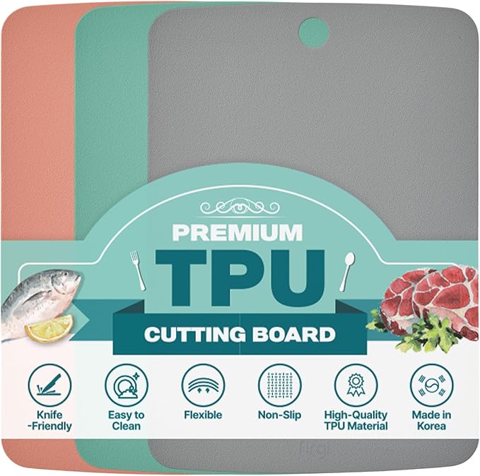 TPU Cutting Board Set of 3 9"x12" - Flexible Cutting Mats for Kitchen Knife Friendly, Cutting Mat Non-Slip Chopping Board Double Sided Scratch Resistant Food Grade Coral Mint Gray