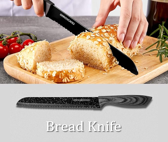 all in one Kitchen Knife Set with Block, 19 PCS High Carbon Stainless Steel Sharp Serrated Steak Knives Set, Chef Knives, Bread Knife, Scissor, Sharpener,