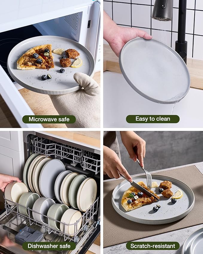 Famiware Star 12-Piece Stoneware Dinnerware Sets, Service for 4 - Handcrafted Reactive Glaze Plates and Bowls, Modern Rustic Dishes, Chip & Scratch Resistant, Microwave & Dishwasher Safe, Matte Gray