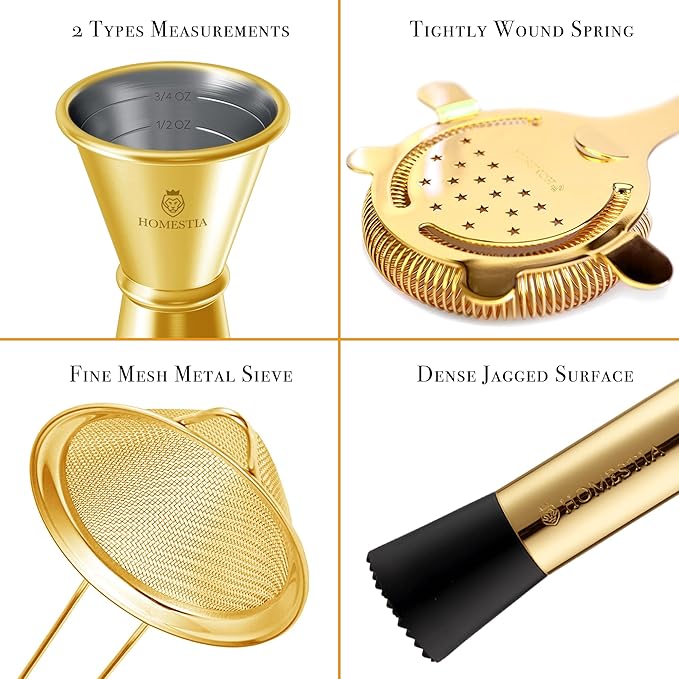 Homestia Cocktail Shaker Set, Bartending Kit: Weighted Boston Shaker Tin, Hawthorne Strainer, Jigger, Bar Spoon and Muddler, Professional Stainless Steel Bar Tool for Beginner (Gold)