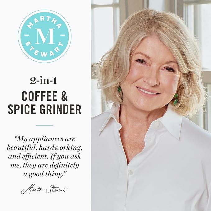 Martha Stewart Electric Coffee & Spice Grinder, Dual 2.5oz Removable Bowls, Storage Lids, Stainless Steel Blades, One Touch Pulse Control, 2-in-1 Compact, Beans & Spices, Herbs & Nuts, Honeydew Green