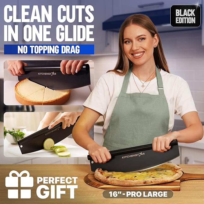KitchenStar 16-Inch Pizza Cutter Rocker Blade - Sharp Stainless Steel Slicer Knife, Protective Cover, Black, Large - Professional Pizza Oven Accessories