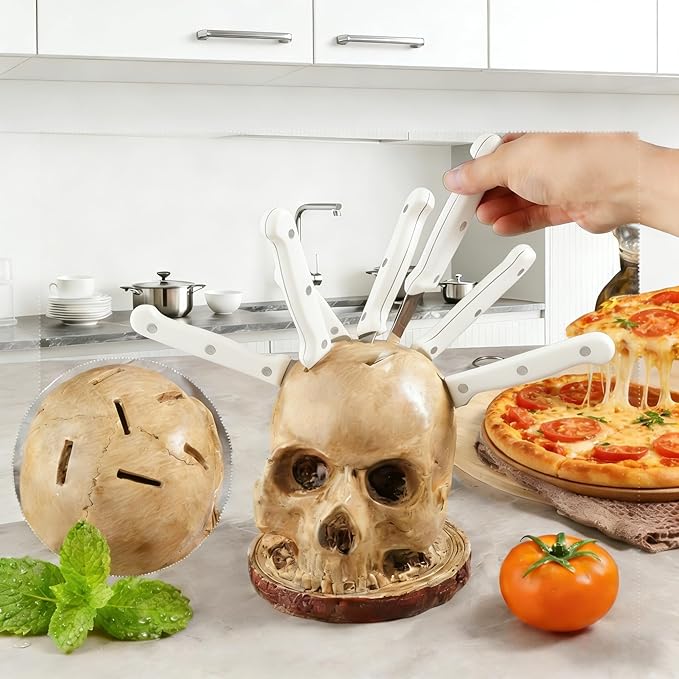 Life Size Skull Knife Block Holder - Hand Painted Resin Skull with 6 Slots for Kitchen Knives & Fruit, Horror Goth Kitchen Decor, Scary Party Display and Countertop Storage