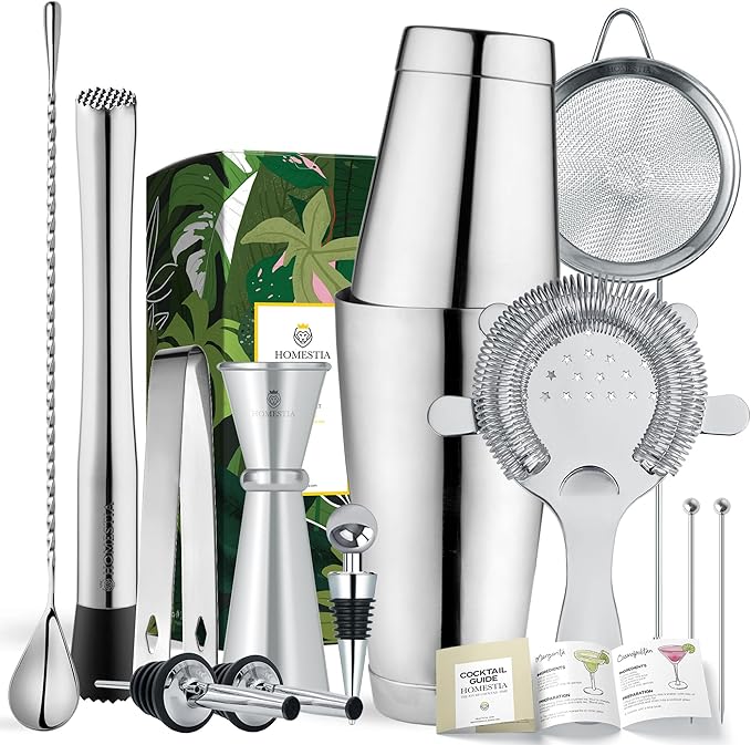 Homestia Boston Shaker Set Mixology Bartender Kits Bar Tool Set, Stainless Steel Martini Shaker Set, 12 Pcs Cocktail Bartending Kits Barware Bartender Sets for Home Bar Party, (Silver)