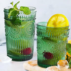 Loivttvv 12pcs Vintage Drinking Glasses Set, 12 oz Highball Glasses & 9 oz Embossed Ribbed Glassware Cups for Cocktail, Water, Juice, Coffee, Whiskey (Atroviens)