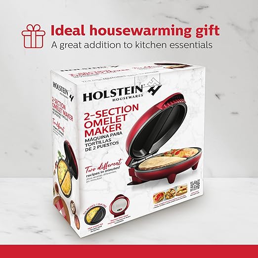 Holstein Housewares Stainless Steel 2 Section Omelet & Frittata Maker, Non Stick Coating, Easy To Clean, Indicator Lights, Compact Storage, Versatile Recipes in Minutes. 2 Portions, Metallic Red