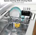 Dish Drying Rack Over the Sink In Stainless Steel Black Expandable Drainer for Small Kitchen, Counter Space Saving Compact Inside Sink Plate Dryer, Adjustable Hanging Metal Wire Strainer Drain Holder