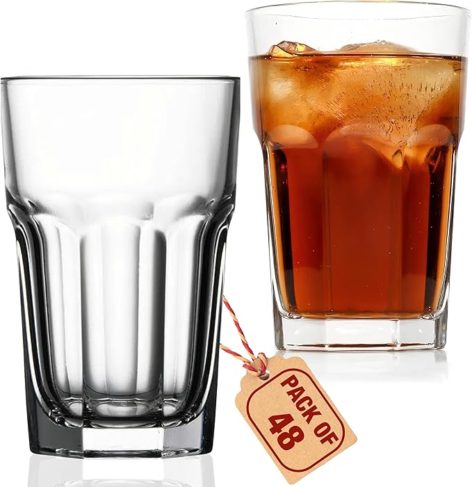 Highball Drinking Glasses Set of 48, 12.5 oz Glass Tumbler - Water Glasses & Beer Glassware for Kitchen - Durable Drinkware Set for Juice, Soda, Iced Tea & Cocktails - Heavy Base, Dishwasher Safe