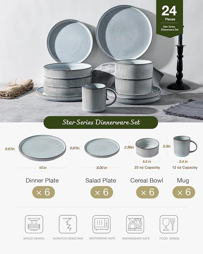 Famiware Star 24-Piece Stoneware Dinnerware Sets, Service for 6 - Reactive Glaze Mugs, Plates and Bowls, Dishes for Everyday & Formal Use, Chip/Scratch Resistant, Microwave/Dishwasher Safe, Smoky Blue