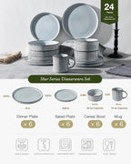 Famiware Star 24-Piece Stoneware Dinnerware Sets, Service for 6 - Reactive Glaze Mugs, Plates and Bowls, Dishes for Everyday & Formal Use, Chip/Scratch Resistant, Microwave/Dishwasher Safe, Smoky Blue