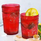 Loivttvv 12pcs Vintage Drinking Glasses Set, 12 oz Highball Glasses & 9 oz Embossed Ribbed Glassware Cups for Cocktail, Water, Juice, Coffee, Whiskey (Christmas Red)