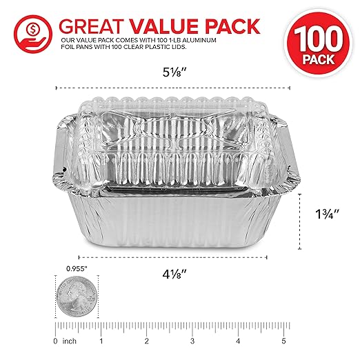 Stock Your Home 1 lb Small Aluminum Pans with Clear Plastic Lids (100 Pack), Disposable Cookware & Takeout Trays for Restaurants & Catering