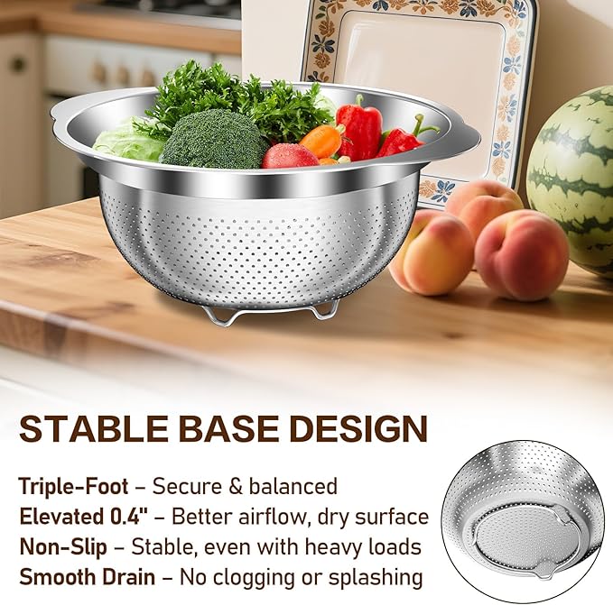 Stainless Steel Colander for Kitchen, Stainless Steel Strainer, Pasta Strainer for Spaghetti Fruit Cooking Food, 3 Pcs Strainers and Colanders(2QT, 3QT, 5QT), Dishwasher Safe, Kitchen Present