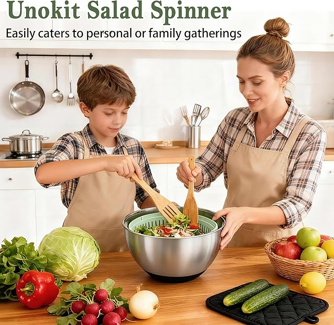 Unokit Stainless Steel Salad Spinner - Large Spinner with Non-Slip Base and 5 Blade Slicers, Dishwasher Safe Lettuce Spinner for Efficient Salad Preparation and Food Washing in Kitchen